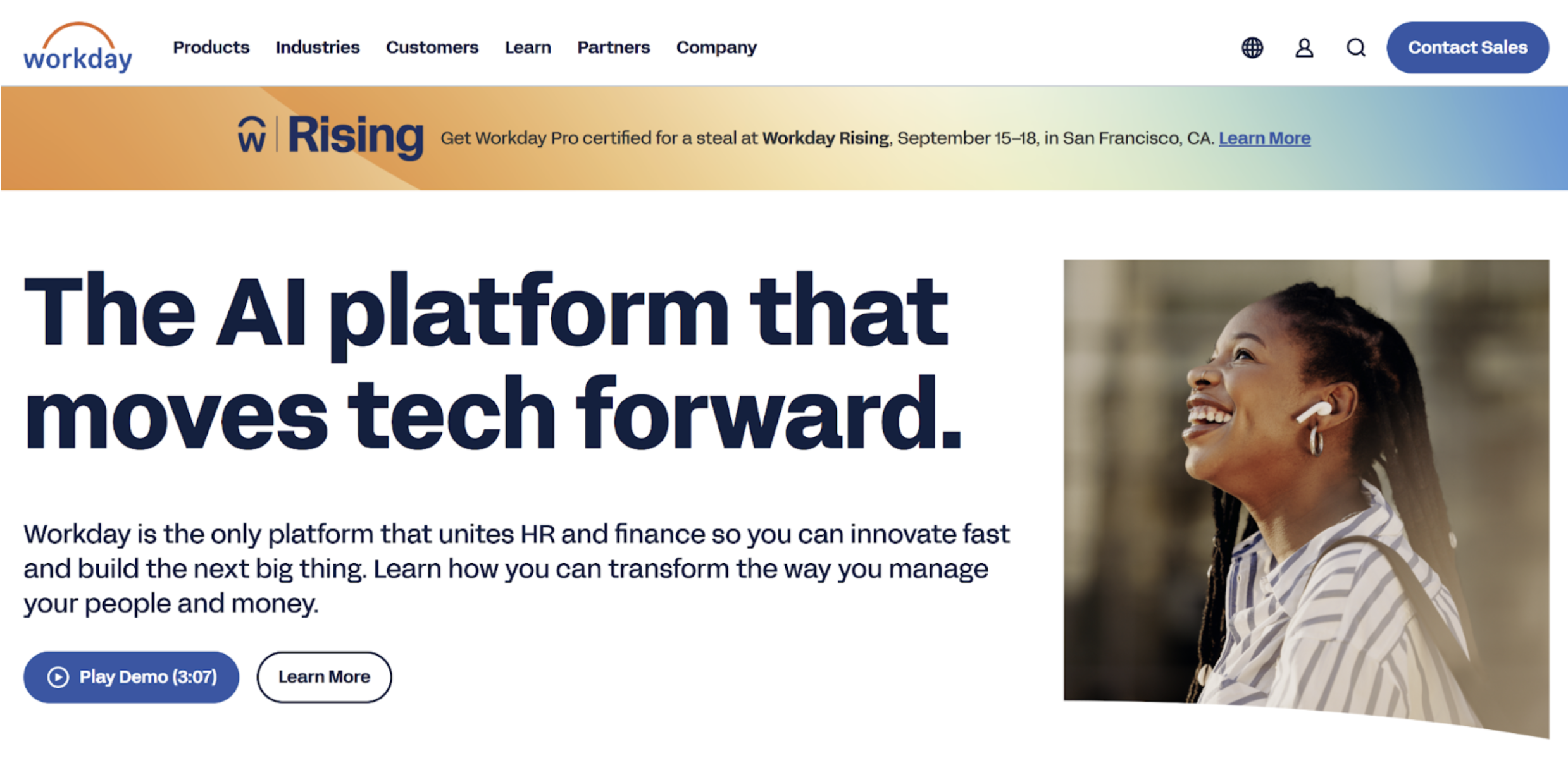 Workday’s home page, which explains the platform’s purpose and offers a demo video